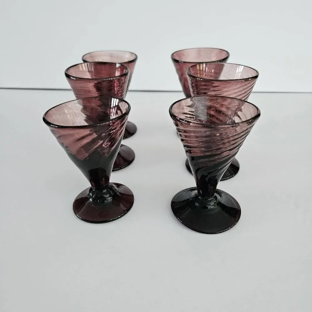 Vintage 6 amethyst cordial glasses, hand blown.